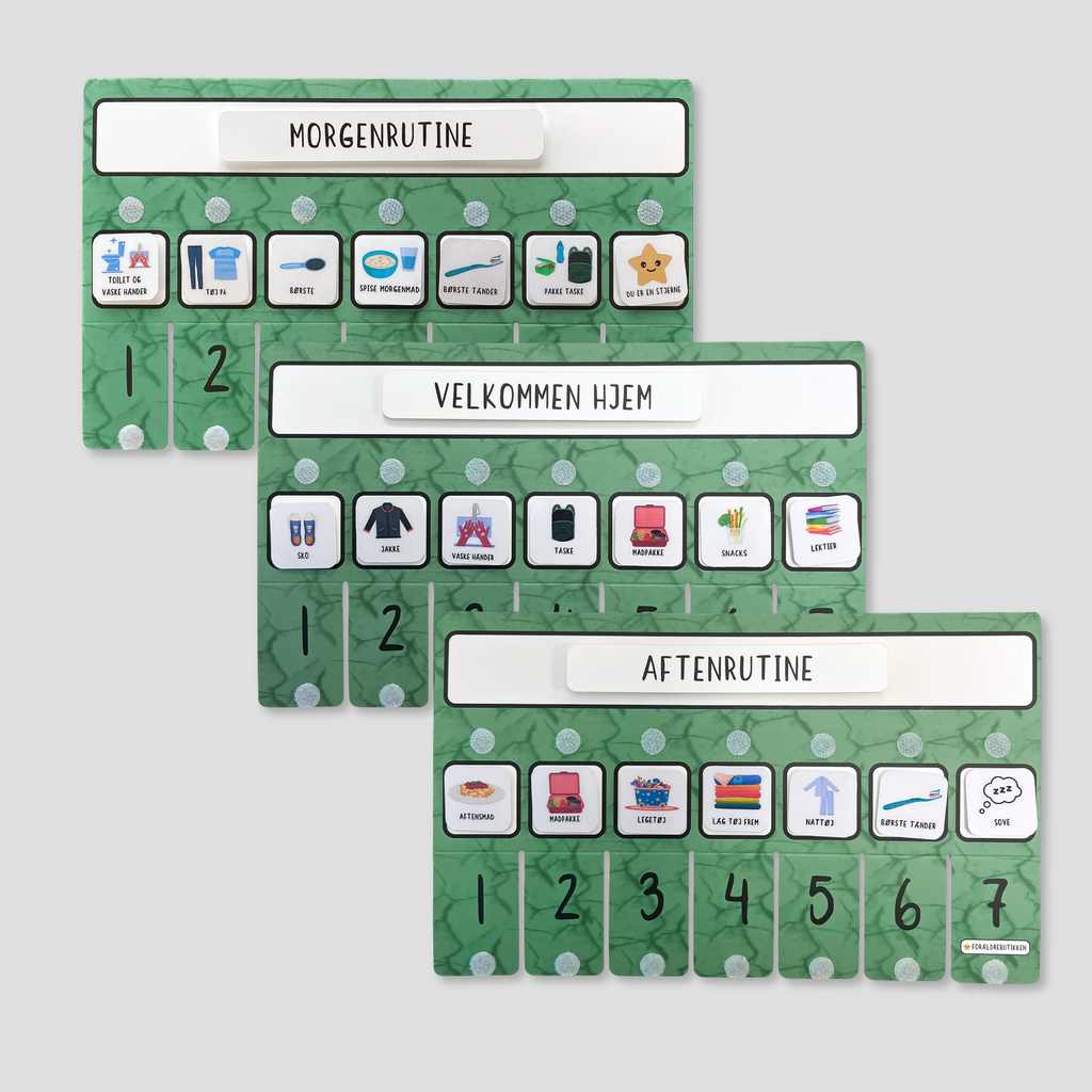 Forældrebutikkens rutine bundle med piktogrammer til morgen, eftermiddag og aften.