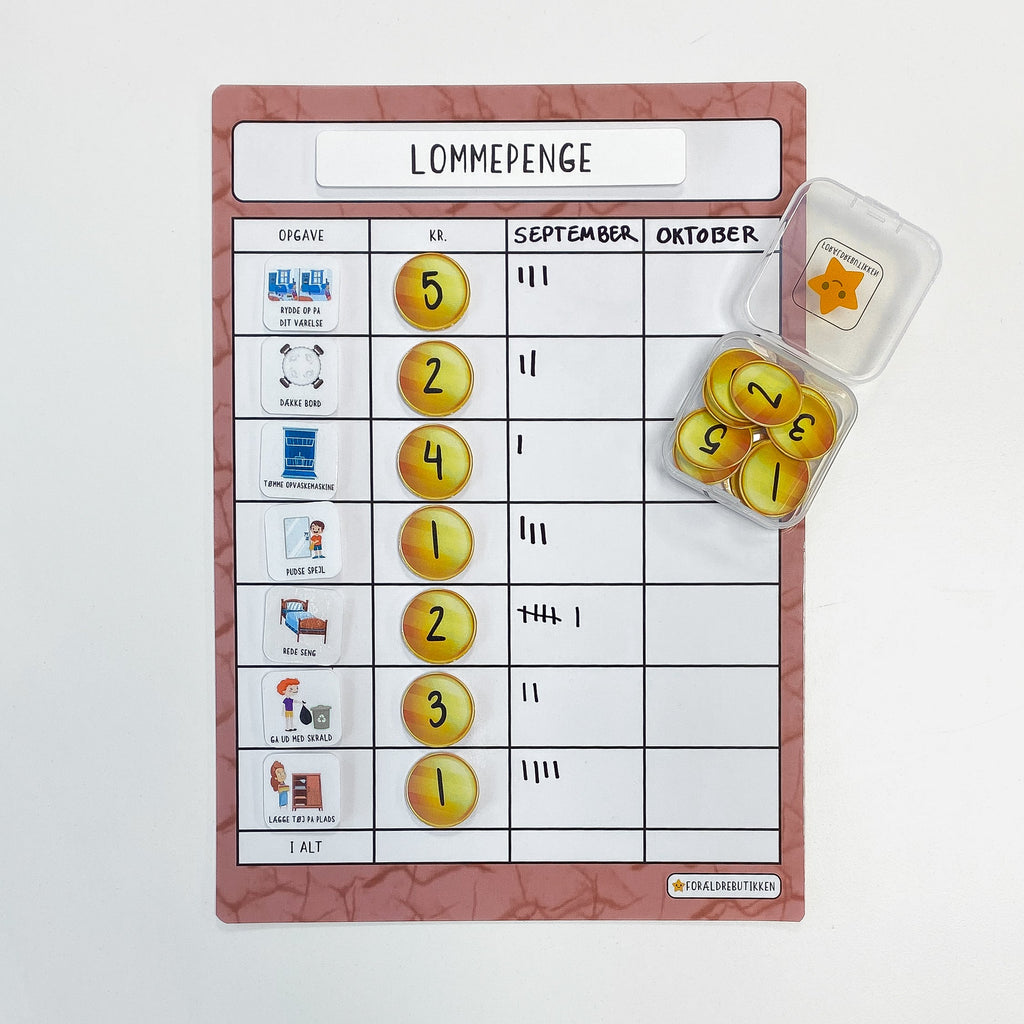 lommepengetavle med mønter til at få styr på barnets pligter. i cracked rosa
