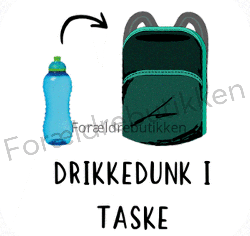 piktogrambrik - blå drikkedunk og grøn taske