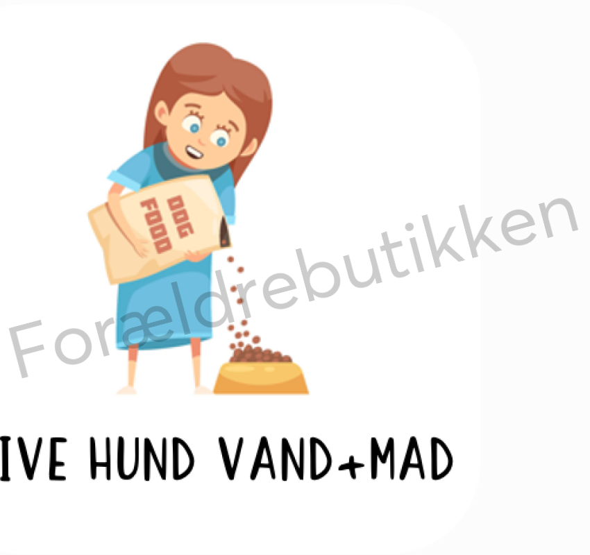 Piktogram med barn der giver hund mad og vand