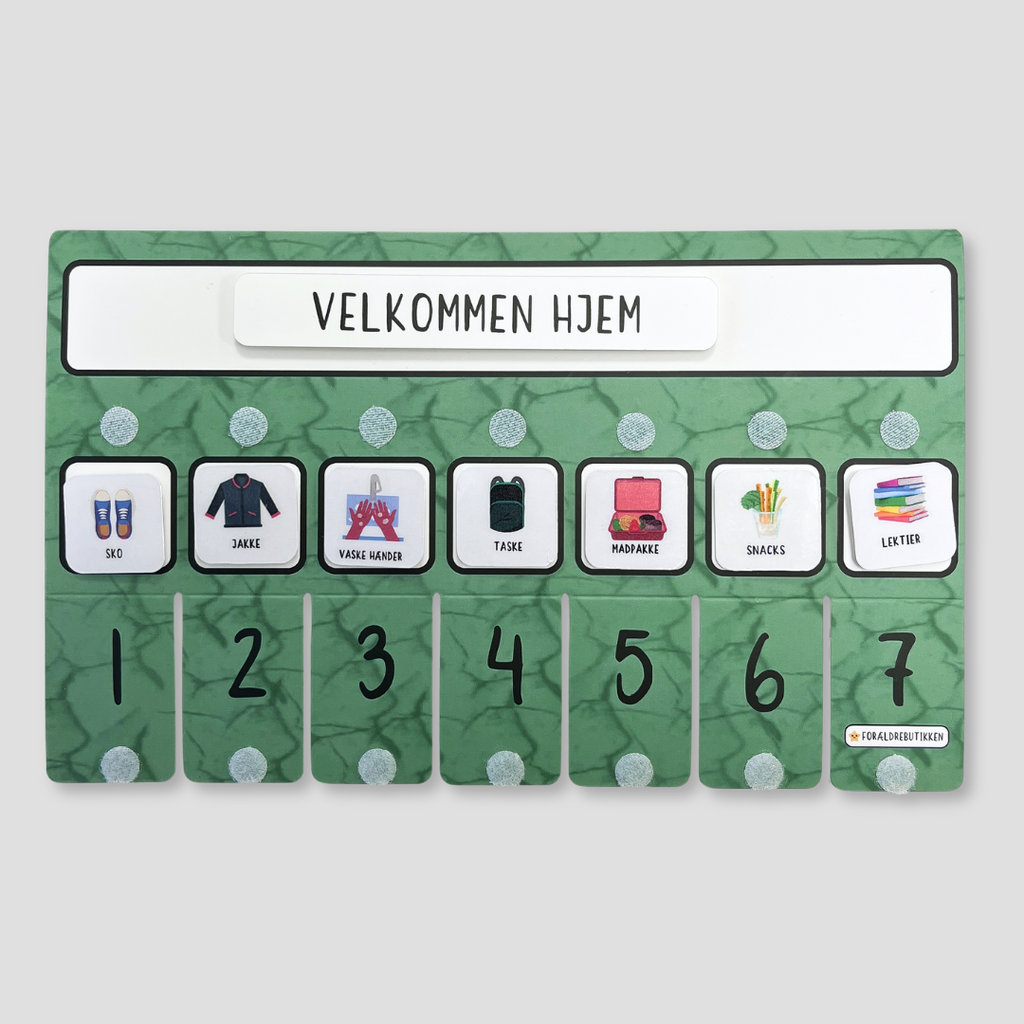 velkommen hjem rutine med piktogrammer og tjekliste